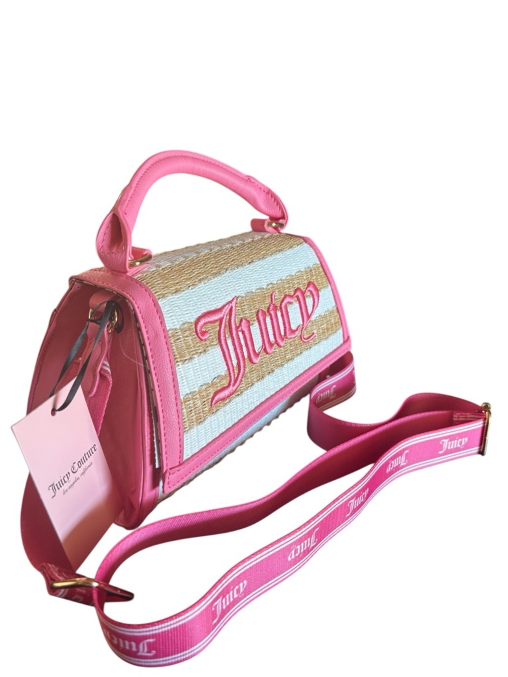 Juicy Couture Straw & Pink Crossbody Bag/Purse Adjustable Logo Strap Summer Chic - Picture 7 of 13